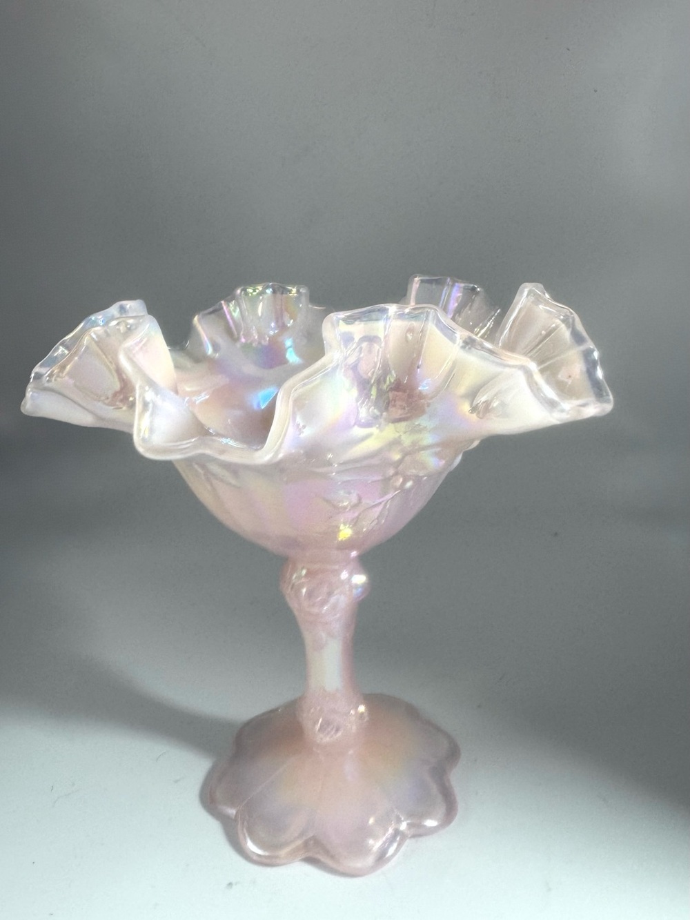 Fenton Iridescent Pink Ruffled Compote